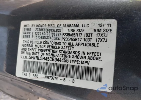 2012 Honda Odyssey Ex из США, поврежденный, VIN 5FNRL5H45CB044455